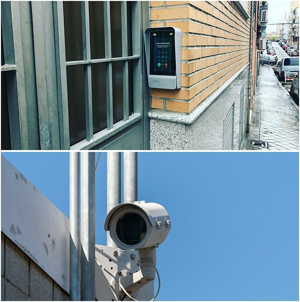 Composición de un videoportero de acceso y una cámara de seguridad en una fachada